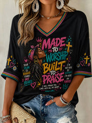 Women's Made To Worship Built To Praise Mid-length Sleeves V-Neck T-Shirt