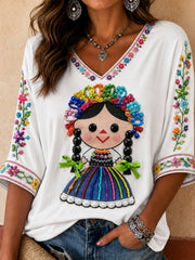 Women's Mexico Guelaguetza Lele Doll Art Printed T-shirt