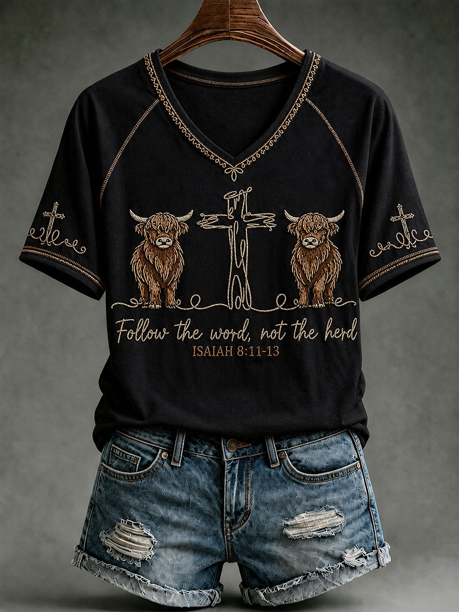 Women's Highland Cow Follow The Word Not The Herd V-neck off-shoulder short-sleeved T-shirt