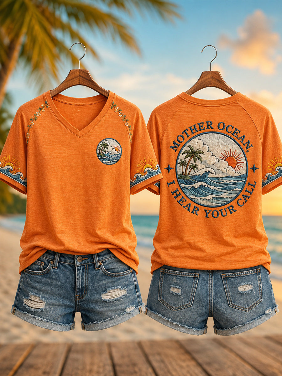 Women's Mother Ocean I Have Heard You Call  Print Casual V-Neck Tee