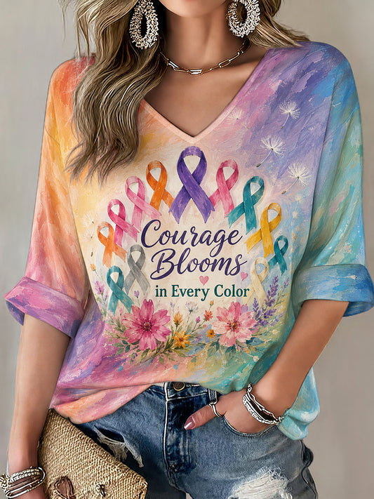 Women's Fight Cancer In All Colors Cancer Awareness Print T-shirt