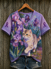 Women's Alzheimer's Awareness Support Purple Floral & Cat Print  Short-sleeved T-shirt