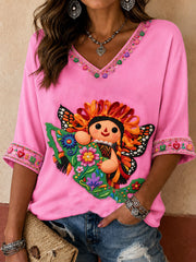 Women's Mexico Guelaguetza Lele Doll Art Printed T-shirt