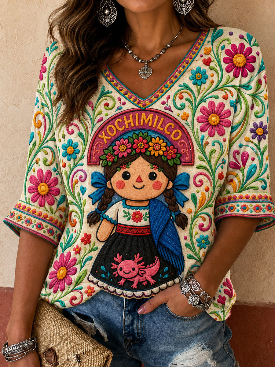 Women's Mexico Guelaguetza Lele Doll Art Printed T-shirt