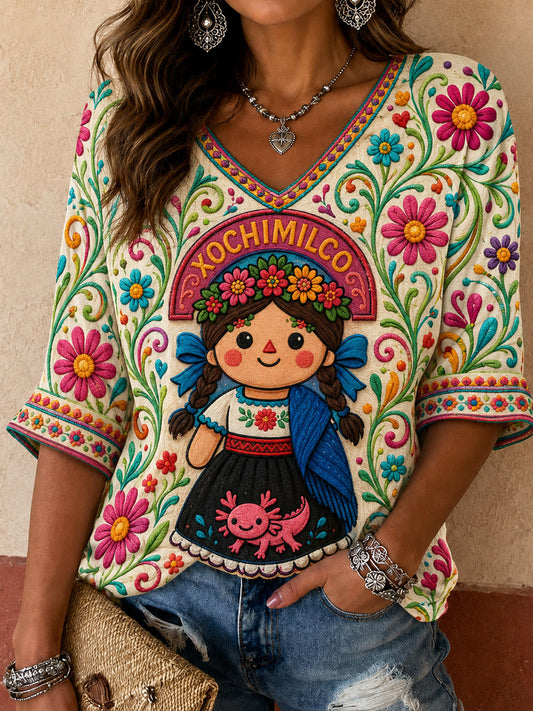 Women's Mexico Guelaguetza Lele Doll Art Printed T-shirt