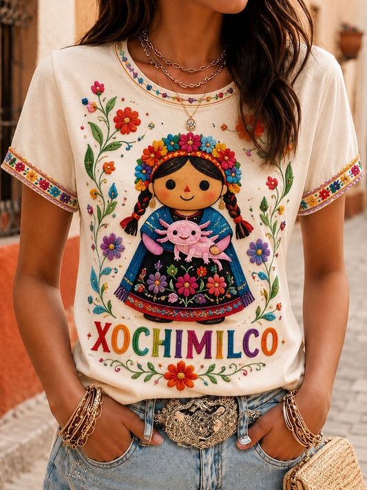 Women's Mexico Guelaguetza Lele Doll Art Printed T-shirt