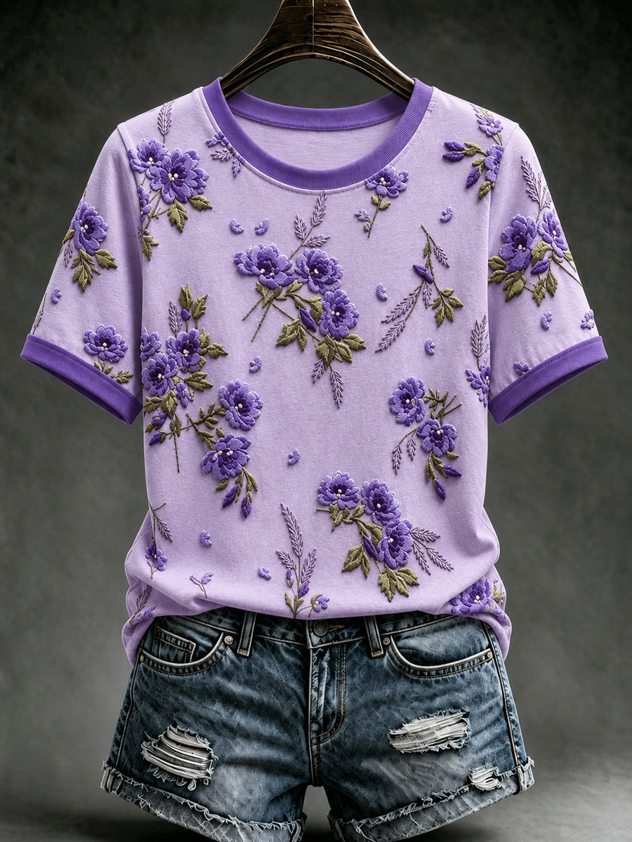 Women's Purple Floral Print Alzheimer's Awareness Support  Short Sleeve T-shirt