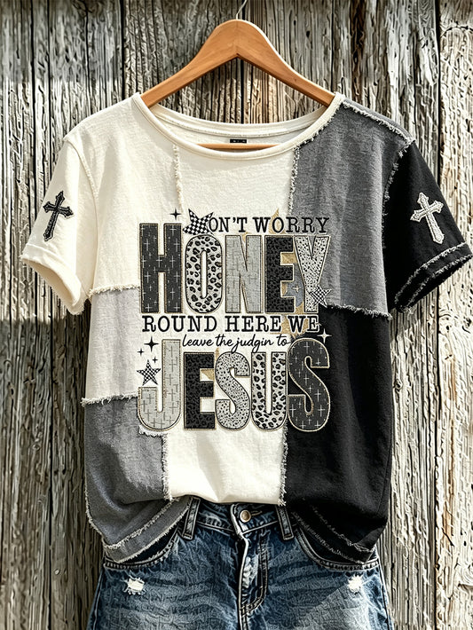 Women's Faith Slogan Pattern Printed Leisure Linen Short-Sleeved T-shirt
