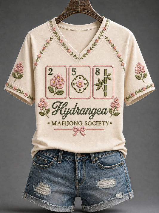 Women's 'Hydrangea-Mahjong Society' Printed Casual T-shirt