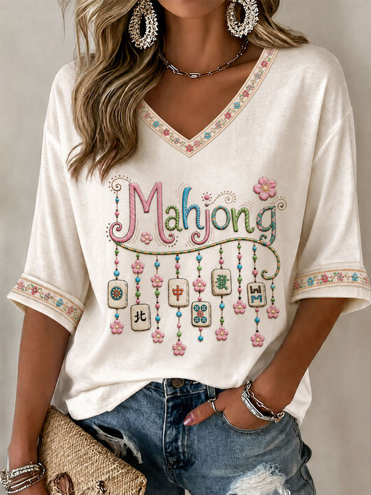 Women's Mahjong Print Casual T-Shirt
