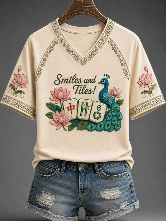 Women's 'Smiles With Tiles' Mahjong Printed Casual T-shirt