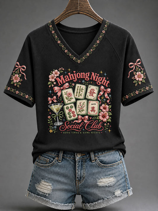 Women's 'Mahjong Night Social Club'Printed Casual T-shirt