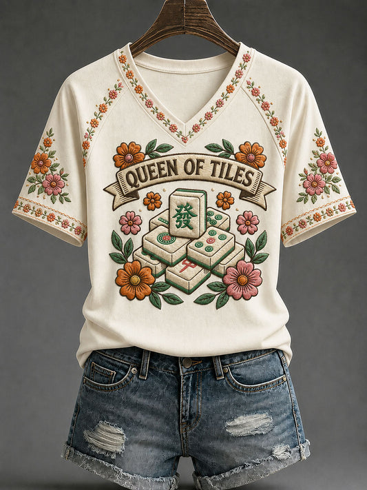 Women's 'Queen Of Tiles' Mahjong Printed Casual T-shirt