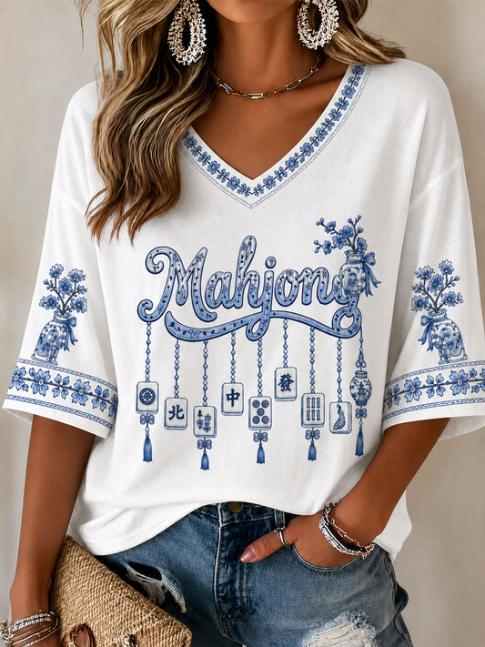 Women's Mahjong Print Casual T-Shirt