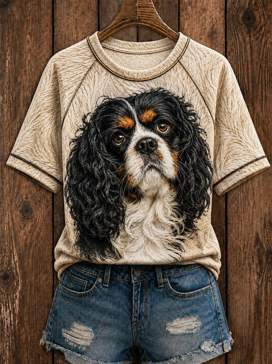 Women's Cute Cavalier King Charles Spaniel  Art Round Neck Short Sleeve T-shirt