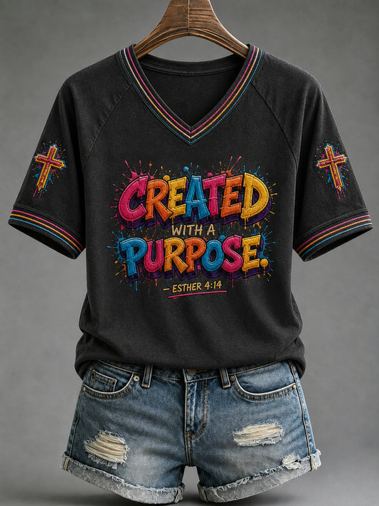 Women's Christian Created With A Purpose  V-neck Short Sleeve T-shirt