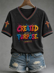 Women's Christian Created With A Purpose  V-neck Short Sleeve T-shirt