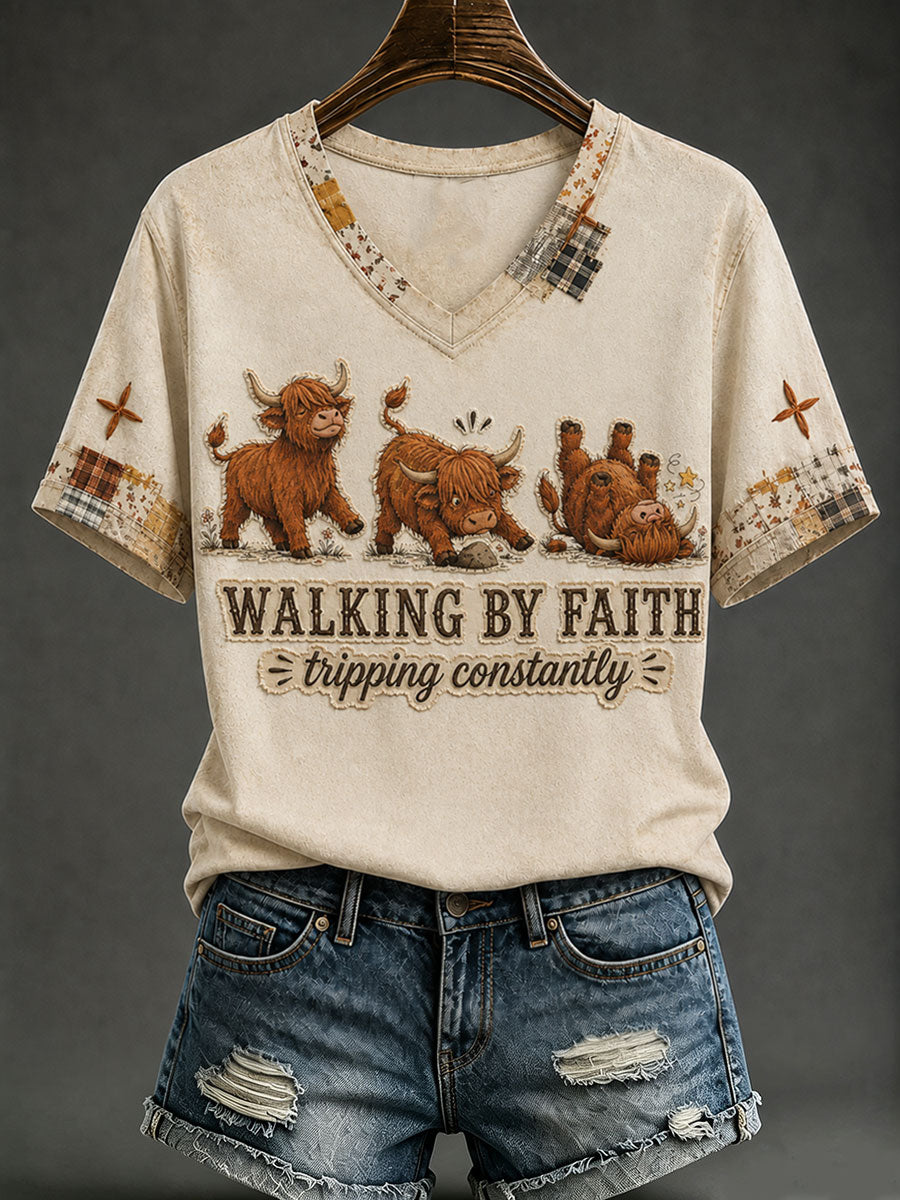 Women's Walking By Faith Tripping Constantly Highland Cow Short-sleeved T-shirt