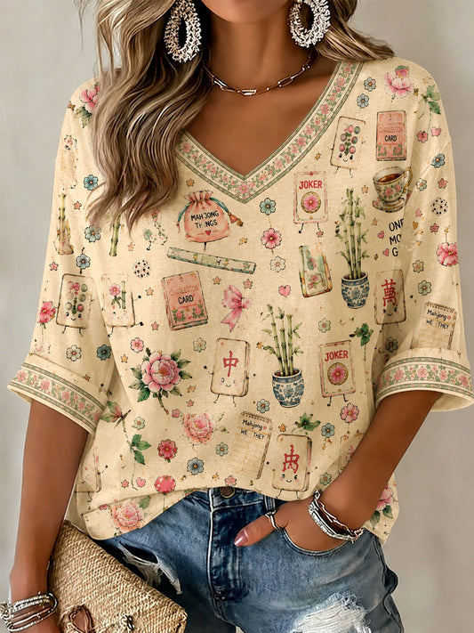 Women's Mahjong Print Casual T-Shirt