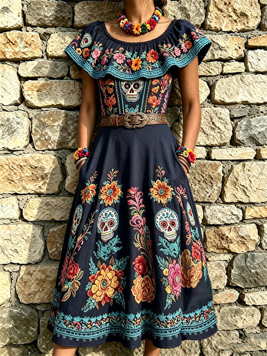 Women's Day of the Dead Sugar Skulls Mexican Floral Print Ruffle Maxi Dress