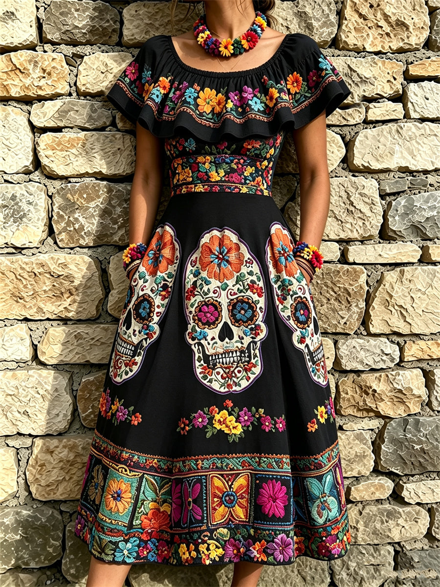Women's Day of the Dead Sugar Skulls Mexican Floral Print Ruffle Maxi Dress