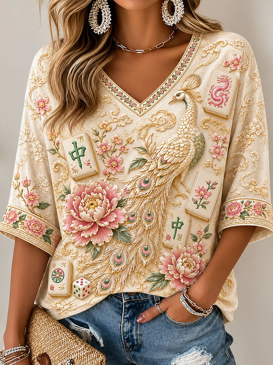 Women's Vintage Mahjong Print Casual T-Shirt