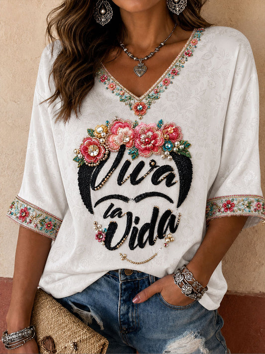 Women's Mexico Floral Art Printed T-shirt