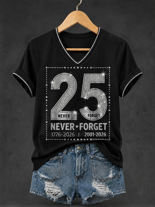 Women's 9.11 Never Forget Printed V-neck T-shirt