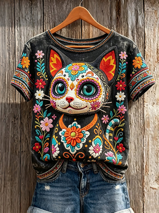 Women's Day of the Dead Cat Sugar Skull Mexican Floral Print short-sleeved T-shirt