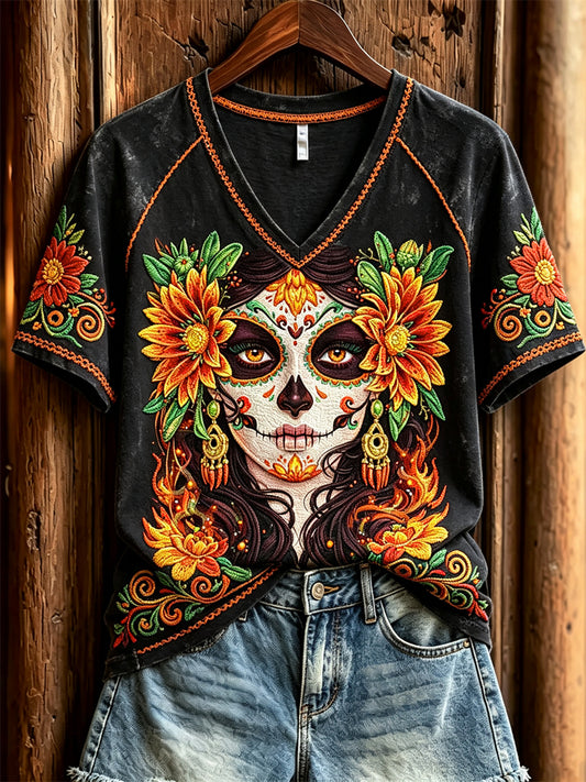 Women's Day of the Dead Sugar Skull Lady Mexican Marigolds Floral Print short-sleeved T-shirt