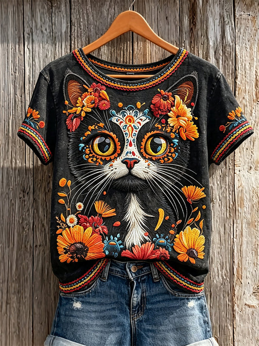 Women's Day of the Dead Cat Sugar Skull Mexican Floral Print short-sleeved T-shirt