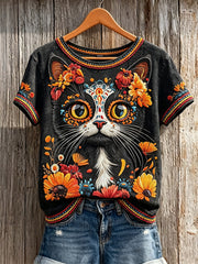Women's Day of the Dead Cat Sugar Skull Mexican Floral Print short-sleeved T-shirt