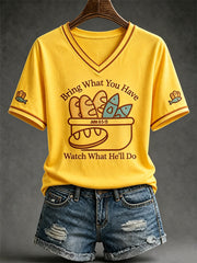 Women's Jesus 2 Fishes 5 Breads 5000 Chosen Against The Current Print Casual V-Neck Tee