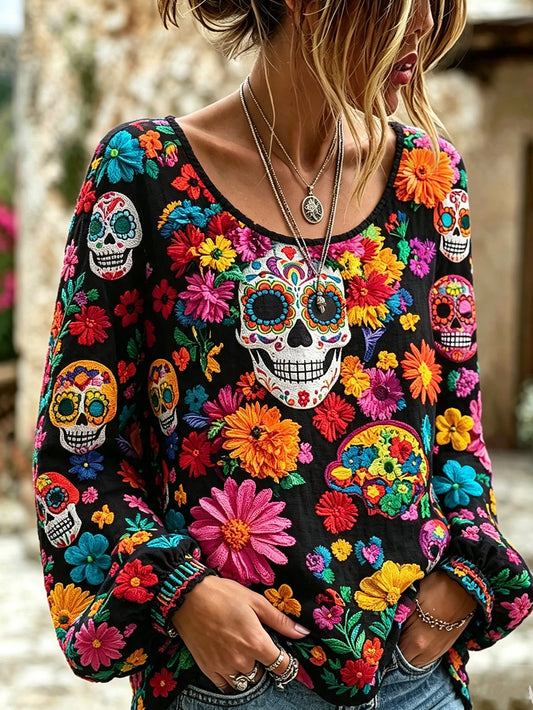 Women's Day of the Dead Elements Plant Flower Pattern Printed Cotton-Linen Shirt