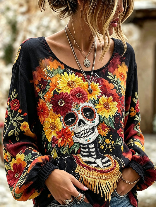 Women's Day of the Dead Elements Plant Flower Pattern Printed Cotton-Linen Shirt