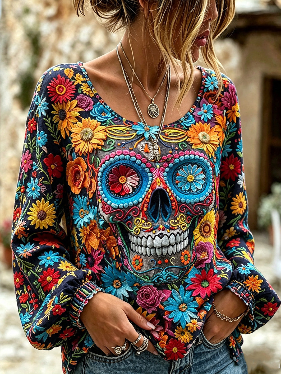 Women's Day of the Dead Elements Plant Flower Pattern Printed Cotton-Linen Shirt