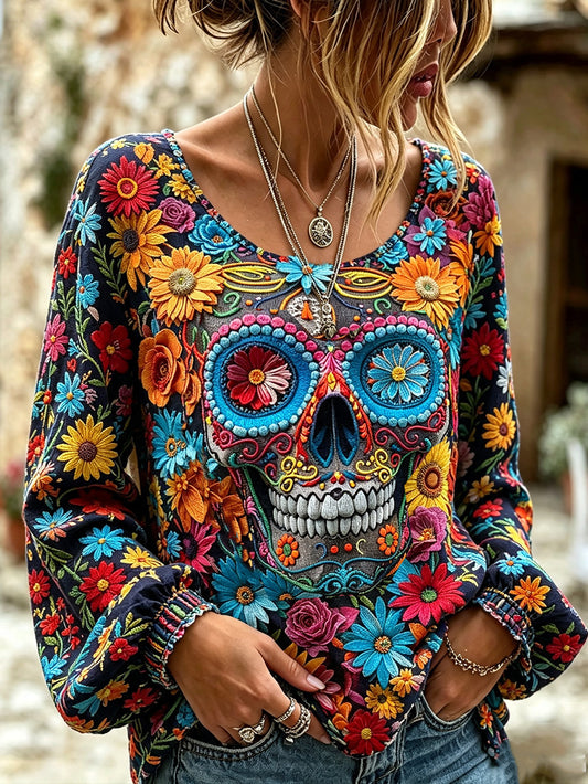 Women's Day of the Dead Elements Plant Flower Pattern Printed Cotton-Linen Shirt