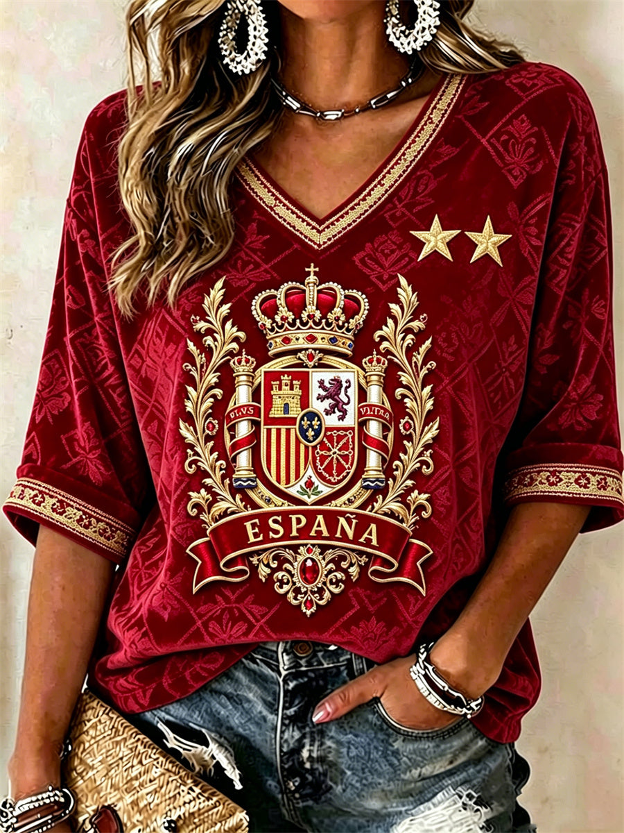 Women's Spain Champion Classy Ethnic Print Mid-length Sleeves V-Neck T-Shirt
