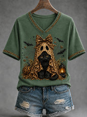 Women's Retro Halloween Pumpkin Ghost  Short Sleeve T-shirt