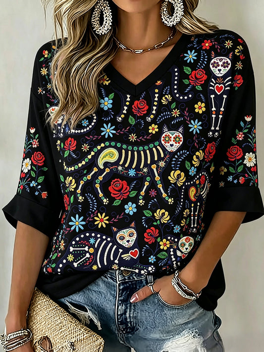 Women's Day of the Dead Cat Sugar Skull Art Mid-length Sleeves V-Neck T-Shirt
