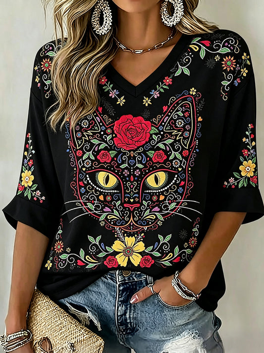 Women's Day of the Dead Kitty Sugar Skull Art Print Mid-length Sleeves V-Neck T-Shirt