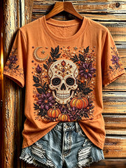 Women's Halloween Bead Skull And Pumpkins Art Print Short-sleeved T-shirt