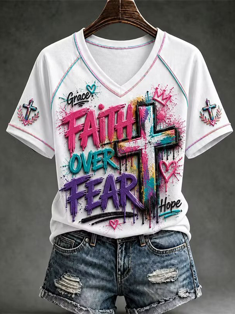 Women's Christian Cross V-neck Short Sleeve T-shirt