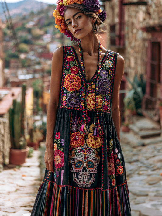 Women's Day of the Dead Sugar Skull Mexican Marigolds Floral Print Flowy Maxi Dress