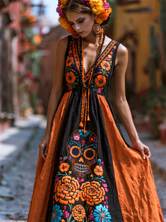 Women's Day of the Dead Sugar Skull Mexican Marigolds Floral Print Flowy Maxi Dress