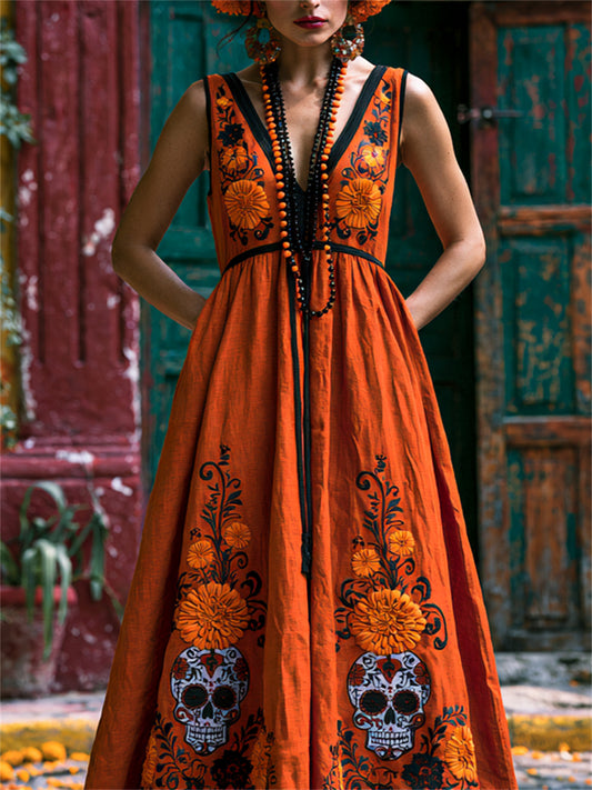 Women's Day of the Dead Sugar Skull Mexican Marigolds Floral Print Flowy Maxi Dress