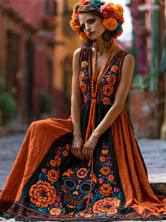 Women's Day of the Dead Sugar Skull Mexican Marigolds Floral Print Flowy Maxi Dress