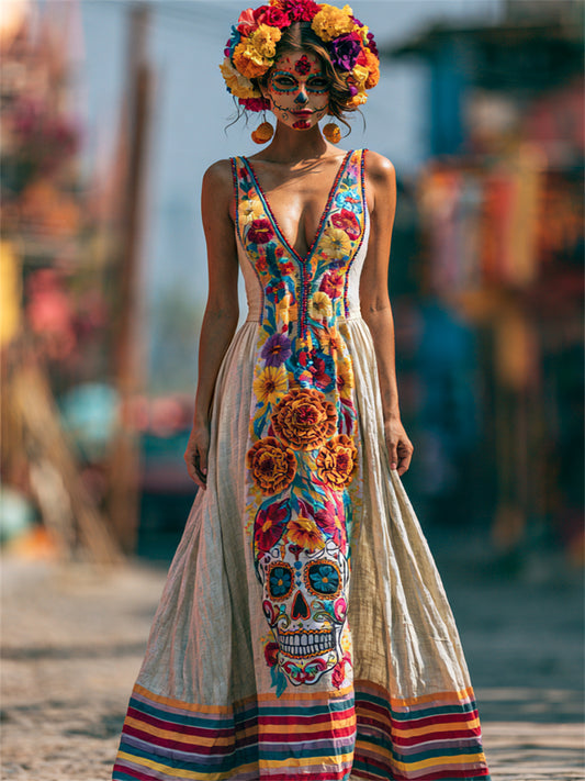 Women's Day of the Dead Sugar Skull Mexican Marigolds Floral Print Flowy Maxi Dress