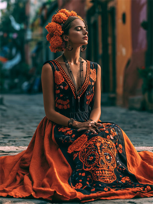 Women's Day of the Dead Sugar Skull Mexican Marigolds Floral Print Flowy Maxi Dress