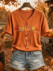 Women's Fall Leaves Cross Lights Print V Neck Short-sleeved T-shirt